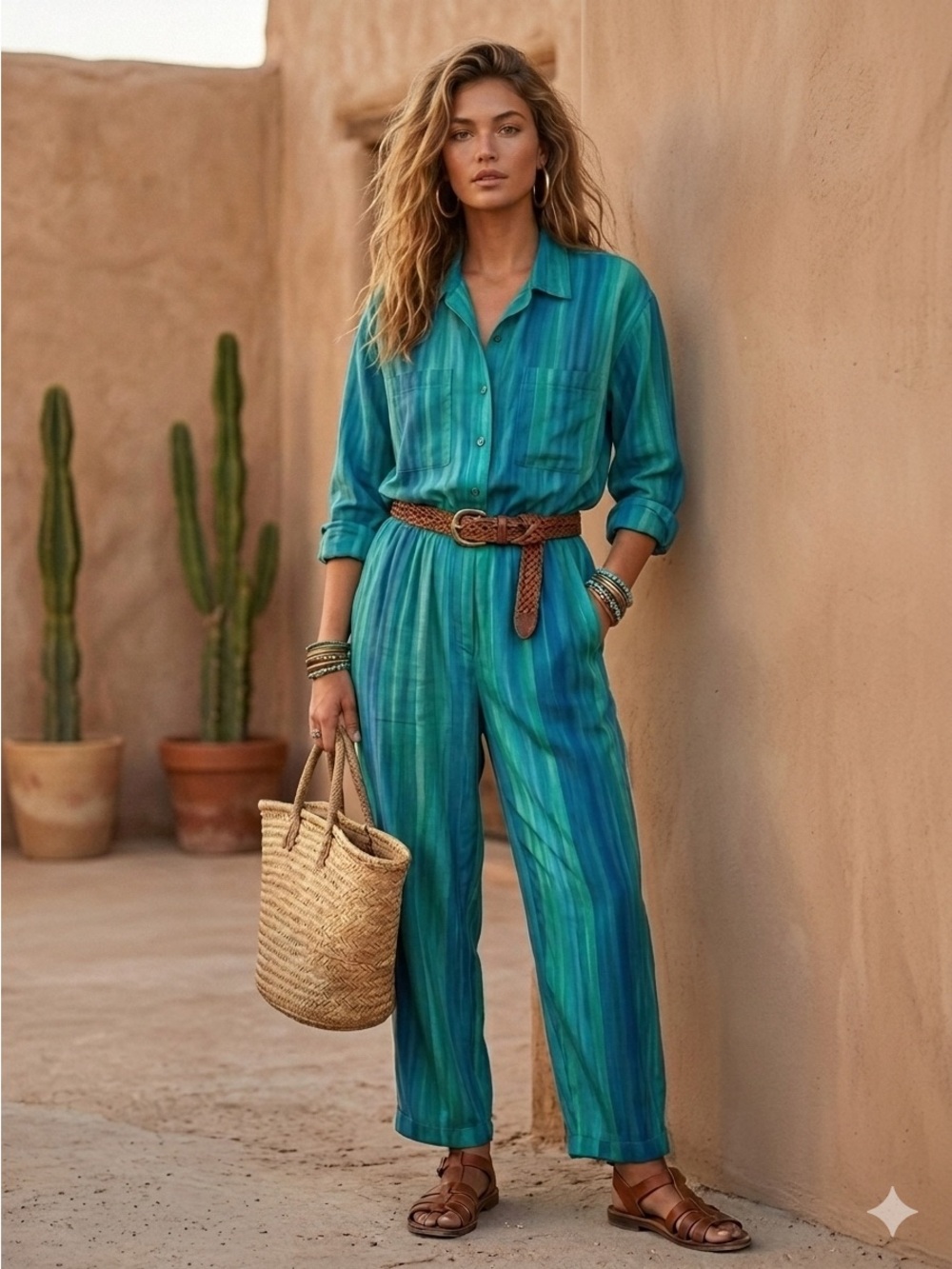 Vintage 90s Silk Watercolor Button Front Jumpsuit Coastal Boho Teal Blue - Picture 3 of 10
